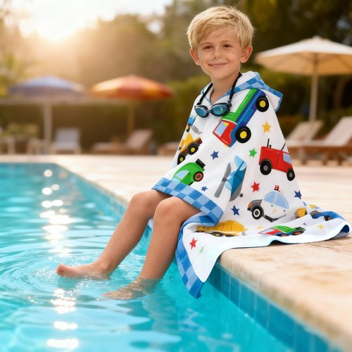ARNUAETY Kids Hooded Beach Towel, Cartoon Car Bath Poncho for Boys and Girls Ages 3 to 8, Super Soft and Absorbent Toddler Pool Cover Up with Hood