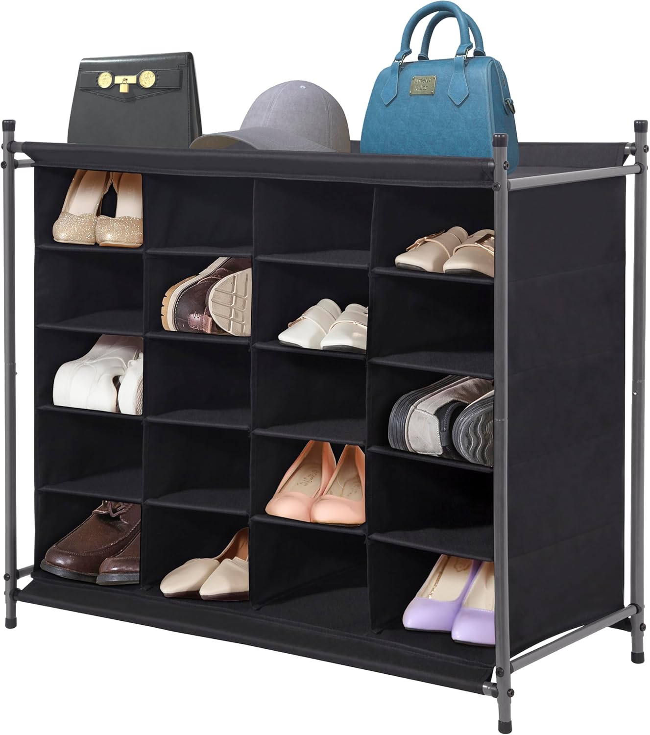Storage Maniac Stackable Shoe Cubby Organizer - 20-Cube Free Standing Rack for Entryway & Closet | Black