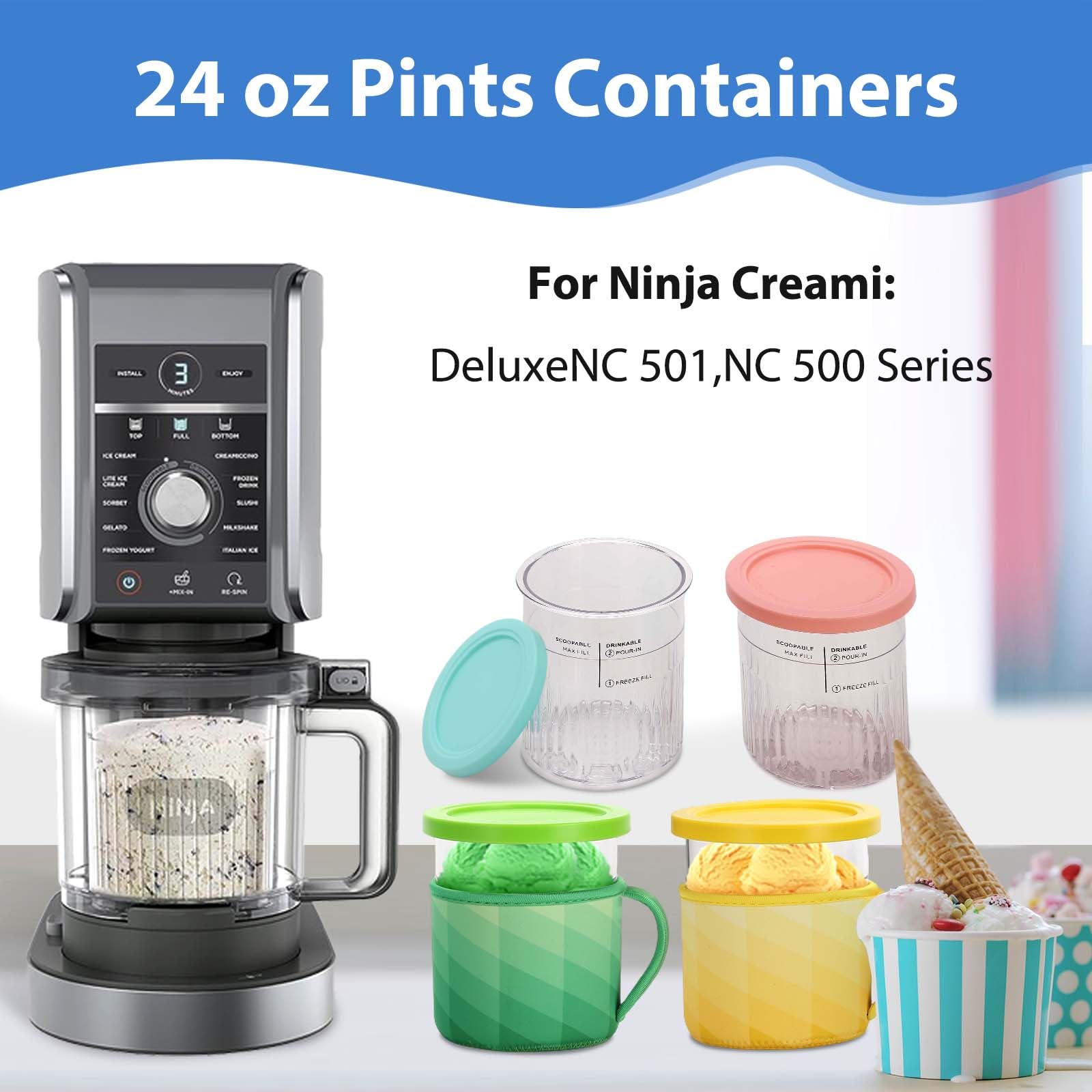 OVRRCSME For creami deluxe pints 4Pack，Compatible with Creami NC501 NC500 Series 24oz Ice Cream Maker Containers -Containers not Included (24oz 4 Cups+4 Sleeve)