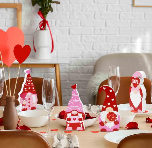 Gift Boutique Valentines Day Decor Gnome Table Sign, 4 Pcs Galentines Day Red and Pink Wooden Home Tiered Tray Decorations Valentine Gifts
