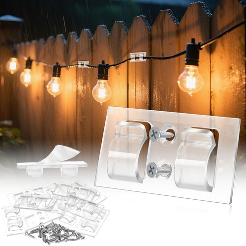 SWSEAM Hooks for Outdoor String Lights Clips: 102Pcs Heavy Duty Light Hook with Waterproof Adhesive Strips - Outside Clear Cord Holders for Hanging Christmas Lighting - Outdoors Sticky Clip (102)