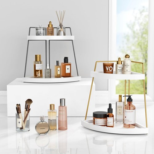 Forbena Bathroom Counter Organizer - 2-Tier Corner Shelf for Makeup & Skincare Storage | White & Gold