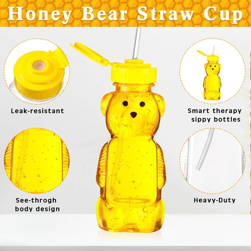 Thenshop 32 Pack Honey Bear Bottle with Straws Empty Plastic Cup Honey Jar Containers Bear Shaped Squeeze Bottle Storing and Dispensing Yellow Flip Top Lid Assistive Cups(12oz)