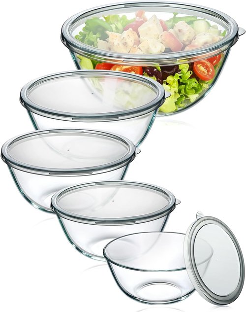 Glass Mixing Bowls Set by [Brand Name] - 5-Piece Thick Glass Nesting Bowls with Lids | Safe for Dishwasher, Microwave & Freezer