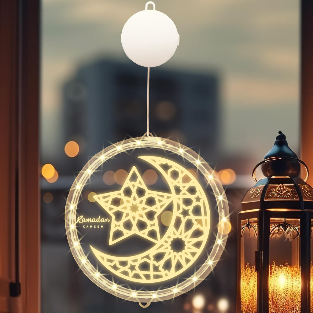 ALIBBON 3D Ramadan Kareem Lights Moon Star LED Lights Eid Mubarak Window Lights Islamic Muslim Style Hanging Lights with Suction Cup Battery Operated Eid Lights Ramadan Decorations for Home