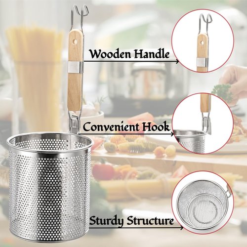 ZAVOOS 4 Pack Pasta Strainer, 5.5''D x 6''H Large Stainless Steel Mesh Spider Noodle Basket with Wood Handle, Fine Kitchen Food Skimmer Cooker for Spaghetti, Dumpling Boiling, Rinsing, Blanching