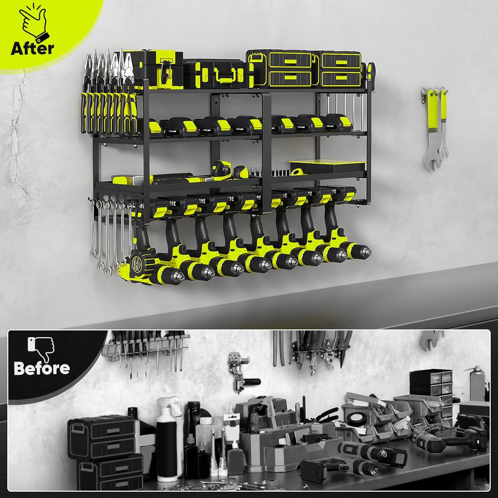 POKIPO 33" W Heavy-Duty Power Tool Organizer - 400 lbs Capacity, 8 Drills Holder & 4-Tier Battery Storage for Garage