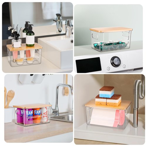 Hiitytin Trash Bag Holder Dispenser, Garbage Bag Dispenser with Bamboo Lid & Handles, Stackable Clear Trash Bag Organizer Under Sink for Kitchen, Pantry, Laundry Room, Cabinet