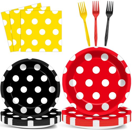 96 Pcs Mouse Color Paper Plates and Napkins Mouse Party Decorations Red Black Yellow Polka Dot Tableware Set Cartoon Dessert Disposable Dinnerware for Boys Girls 24 Guests Party Supplies