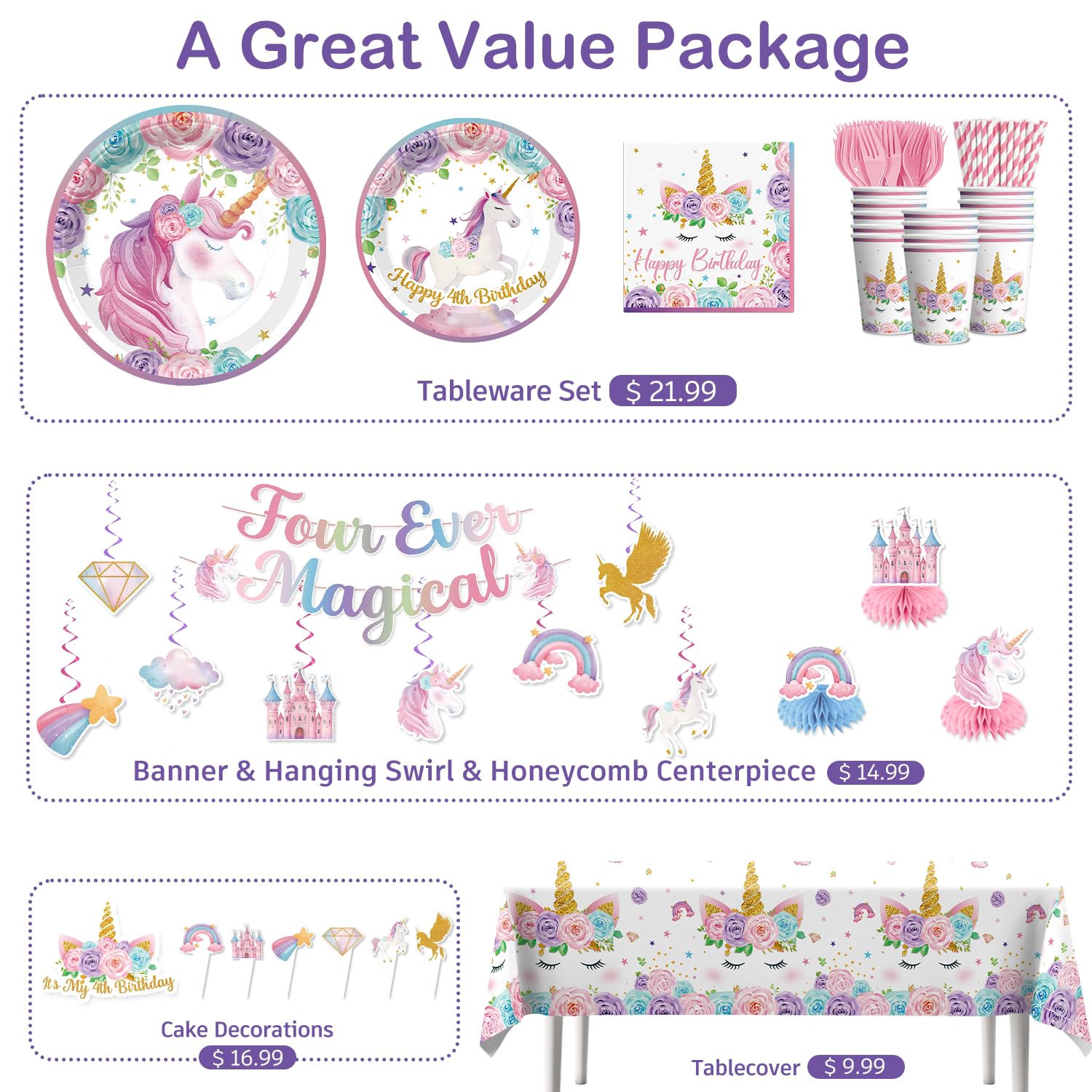Xynic 181Pcs Unicorn 4th Birthday Decorations, Four Ever Magical Birthday Decorations Tableware Set with Plates and Napkins Serves 25, 2 Tablecloths for Unicorn Decorations
