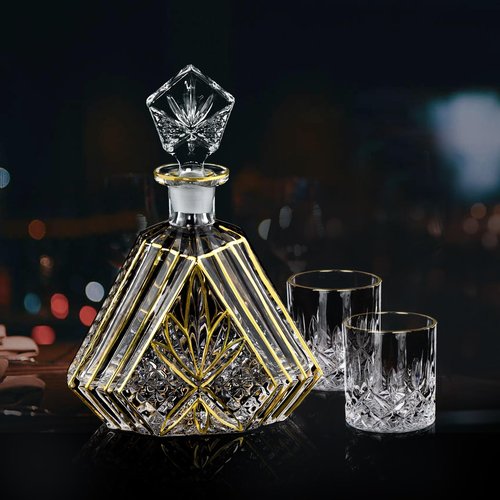 Hand-painted Gold Decanter Set for Men - Whiskey Decanter, Wine Aerator, and 2 Glasses, Liquor Bottles, Bourbon and Tequila Decanter,crystal decanter and 2 old fashioned glass