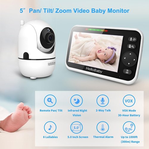 HelloBaby Baby Monitor - 5" Screen, 30-Hour Battery, Pan-Tilt-Zoom, Night Vision & 2-Way Talk | HB6550