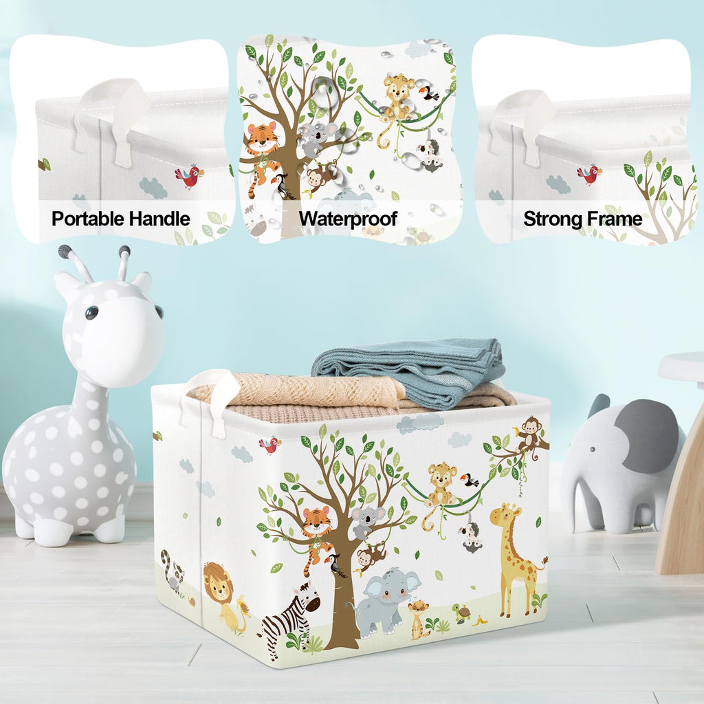 Clastyle 36L Woodland Vine Animal Tree Nursery Decor Baby Basket Collapsible Rectangle Giraffe Monkey Tiger Clothes Toy Book Shelf Basket