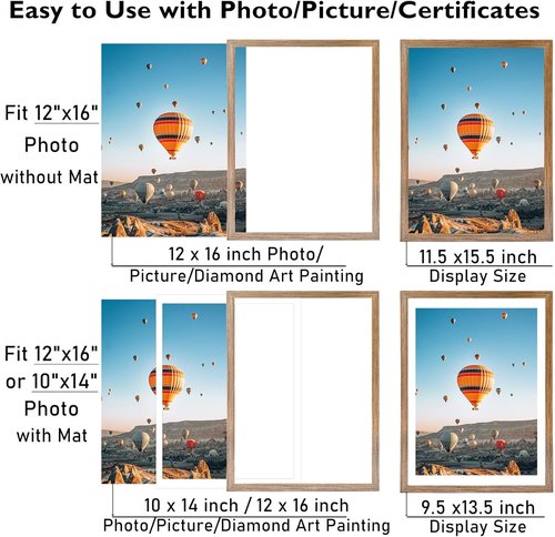 JCJMY 12x16 Picture Frame - Rustic Brown Wall Display for 10x14 Photos with Mat or 12x16 Without Mat