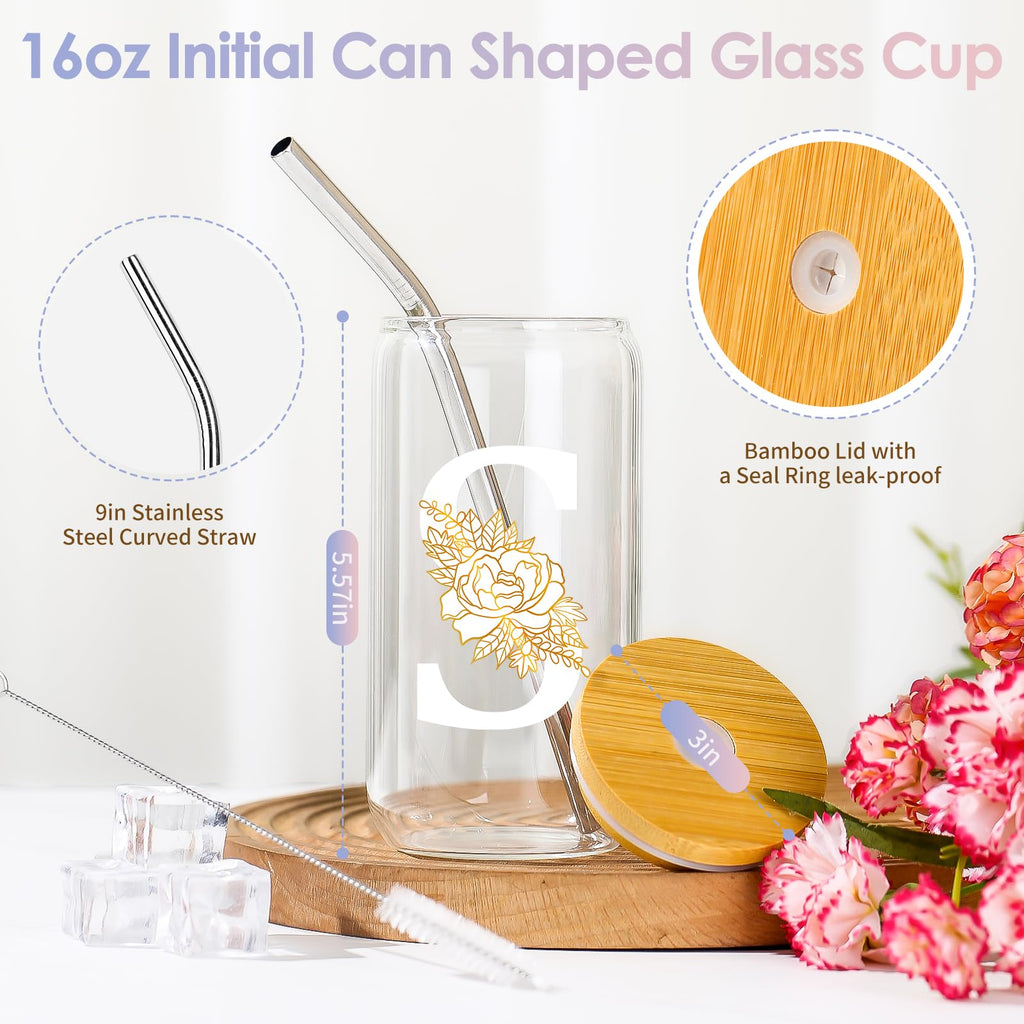 SENTVEND Initial Glass Cup with Lid and Straw Color-changing Monogrammed Gifts for Women 16 oz Iced Coffee Drinking Glass Tumbler Personalized Christmas Thanksgiving Birthday Gifts for Women Her Mom