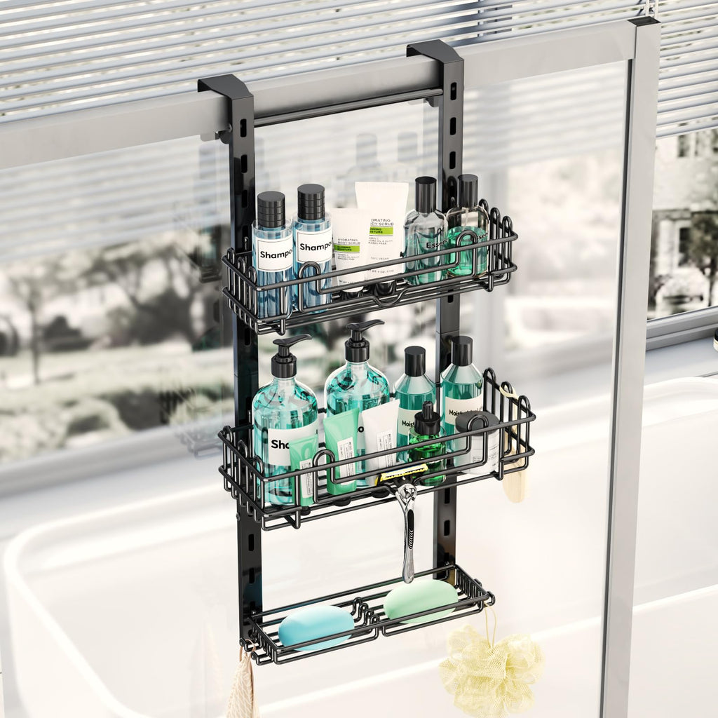 HapiRm 3 Tier Over the Door Shower Caddy, Hanging Shower Caddy with 16 Hooks and 2 Soap Holders, No Drilling Adjustable Hanging Bathroom Organizer - Black