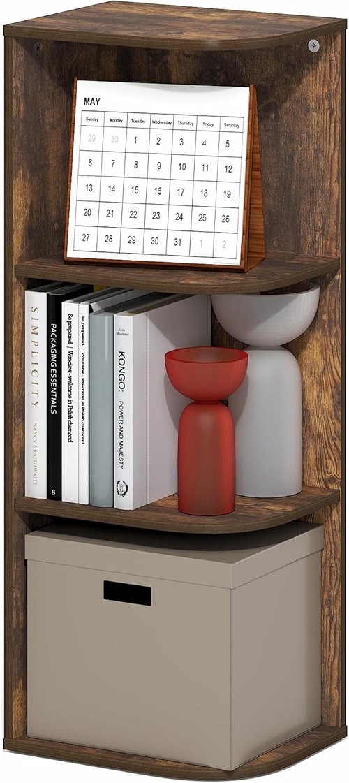 Furinno PASIR 3-Tier Corner Bookshelf - Open Shelf Bookcase for Living Room & Home Office | Amber Pine, 9.3 x 12 x 31.5
