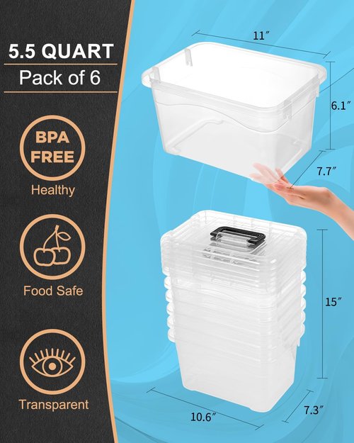 EOENVIVS Plastic Storage Bins - 7 Quart Stackable Organizer with Lids & Buckle-Up Latches | Clear, 6-Pack