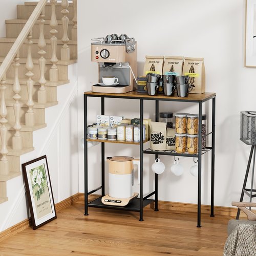 Consumest Microwave Stand, Adjustable Coffee Bar Cabinet, Multifunctional Pan Organizer with 6 Hooks and 3 Shelves, Bakers Rack for Shovel, Pots, Fruits, Vegetables, Brown&Black