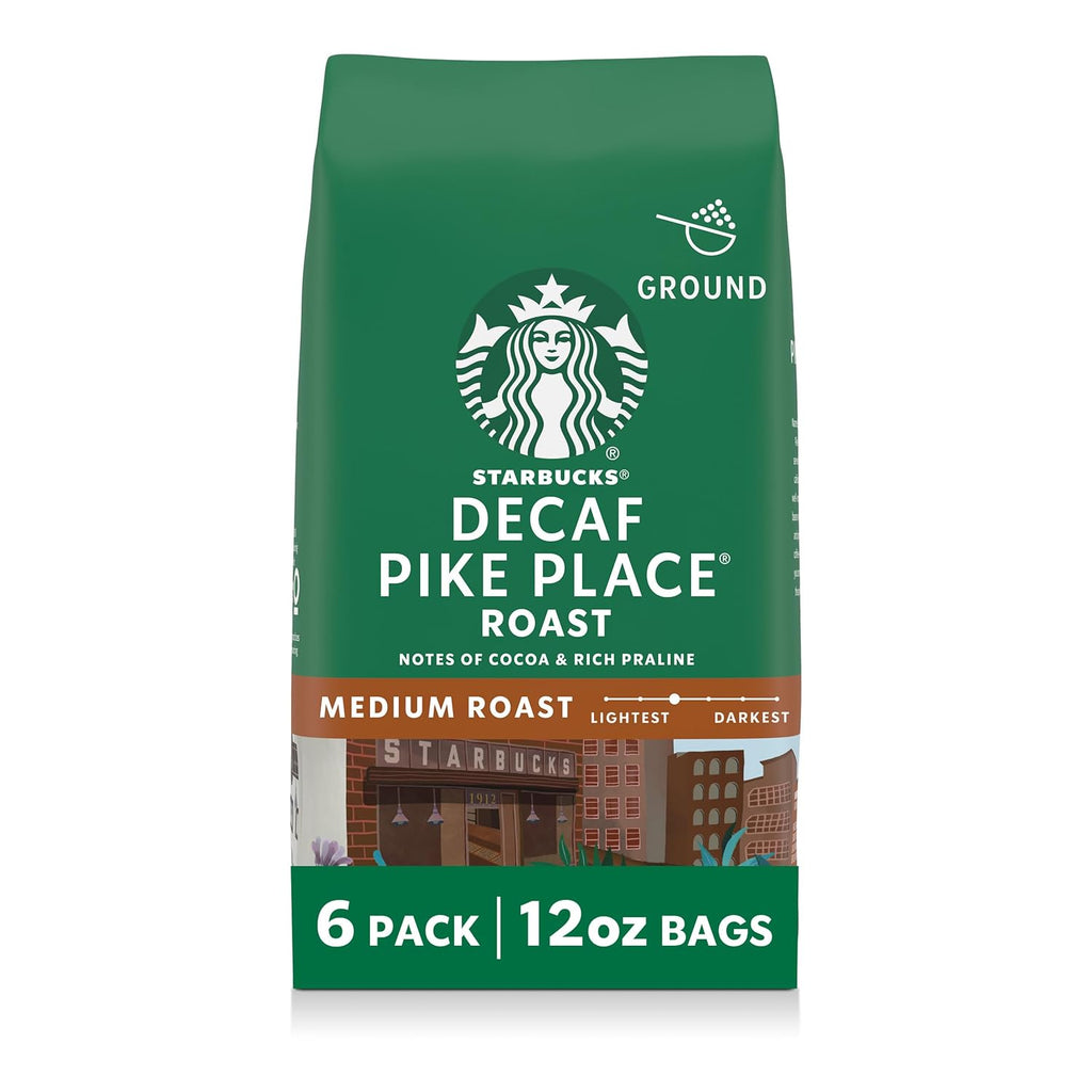 Starbucks Ground Coffee - Decaf Pike Place Roast, Medium Roast for Hot or Iced Coffee - 6 x 12 oz Bags