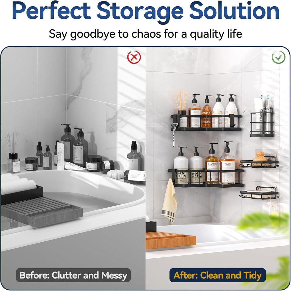 YASONIC Corner Shower Caddy - 5-Pack Adhesive Rustproof Stainless Steel Organizer | No-Drill Shelf, Black