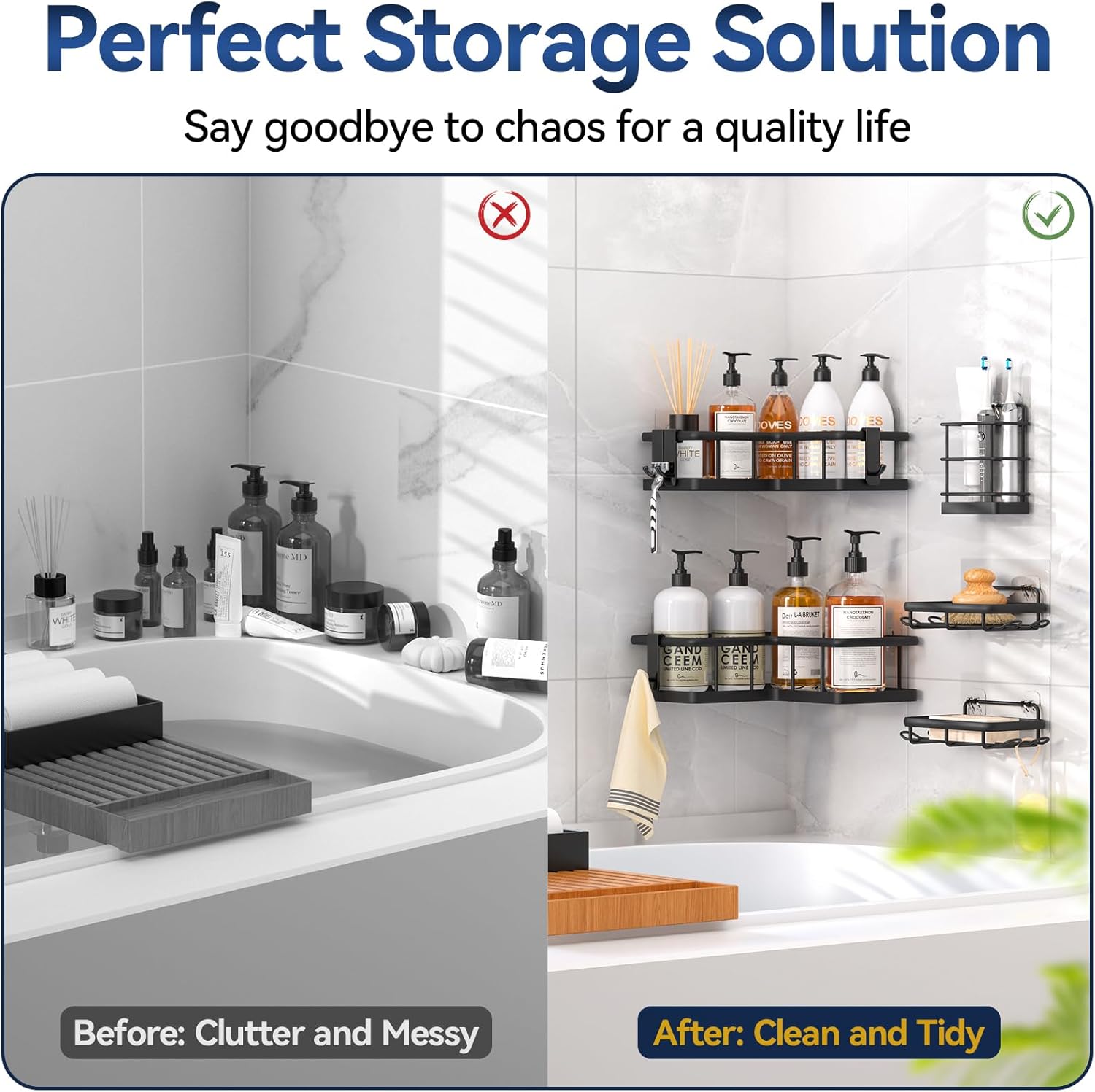 YASONIC Corner Shower Caddy - 5-Pack Adhesive Rustproof Stainless Steel Organizer | No-Drill Shelf, Black
