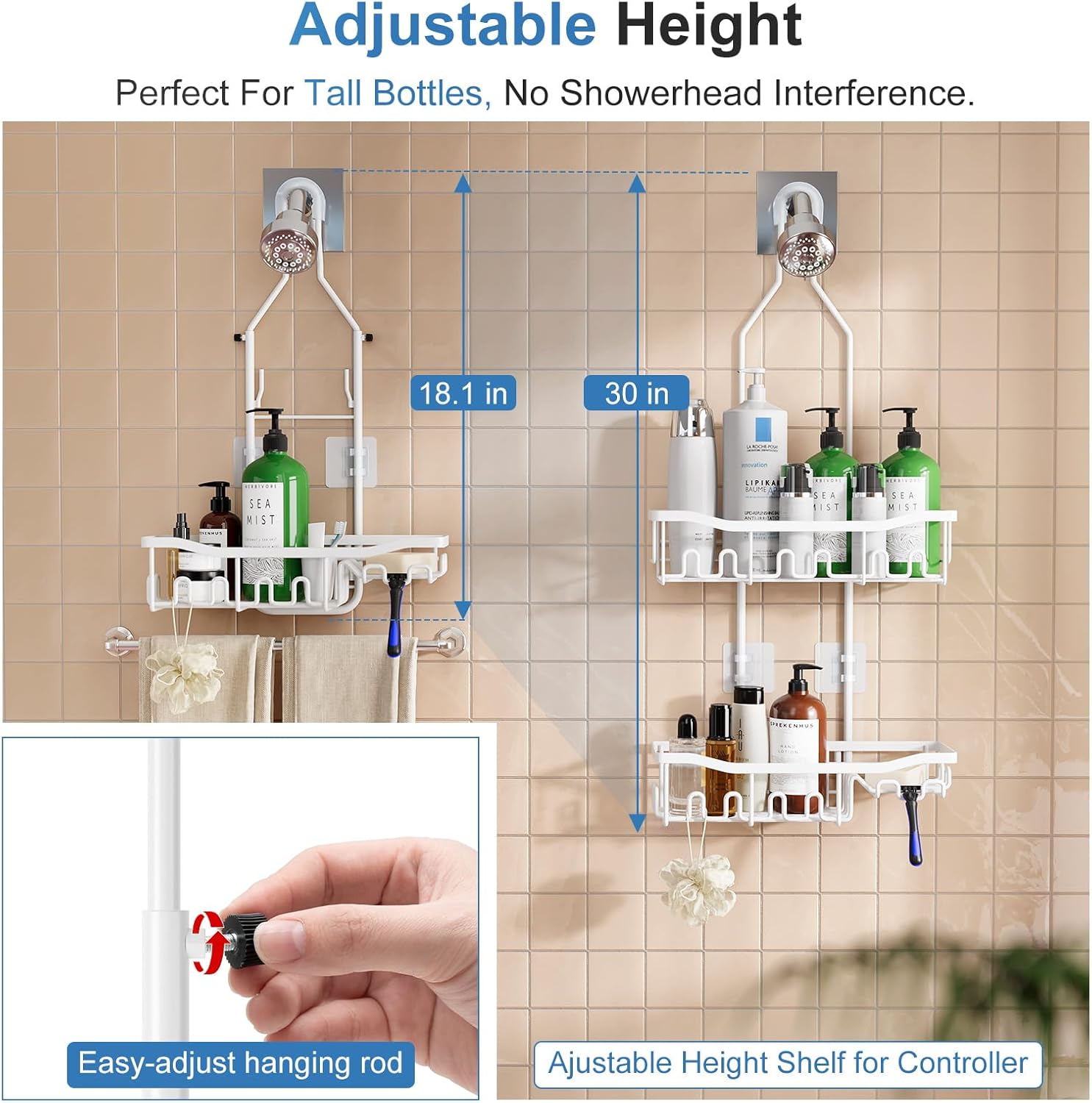 Upgraded Shower Organizer - Extended Length Rustproof Shampoo & Soap Holder | Large Bathroom Caddy