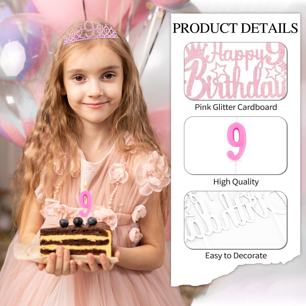 Vovii 9th Birthday Party Decorations Set for Girls- Pink Crown, Glitter Sash, Number 9 Candle & Cake Topper Kit for Birthday Celebrations Party Supplies Gift