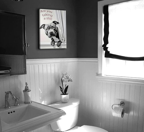 KADEYEE Funny Dog Bathroom Wall Art - French Bulldog Peeking Into Toilet | Black & White Framed Print 12x16 Inch