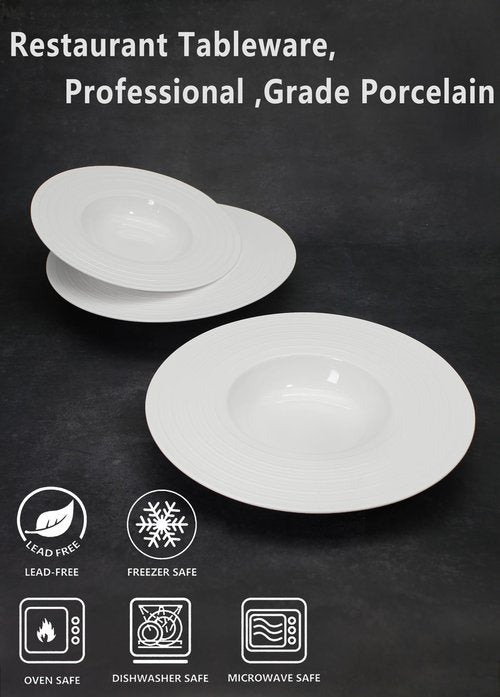 Creativity Home Ceramic Wide Rimmed Soup Plate, Soup Bowl 12 oz, Pasta Bowl Set of 4, White Shallow Bowl Plate with Rim, Best choice for high-end restaurants, hotels, and foodies,11.4 Inch Coil relief