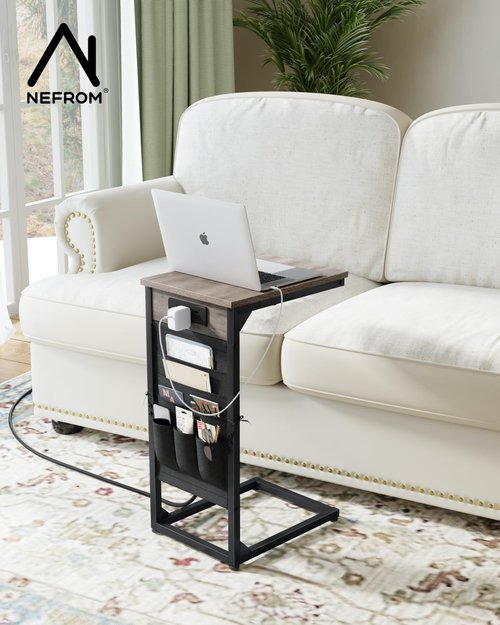NEFROM C-Shaped End Table with Fast-Charging Station, Small Couch Side Table with Storage Bag, Sofa TV Tray Table for Living Room, Bedroom, Bedside ET-GY-1