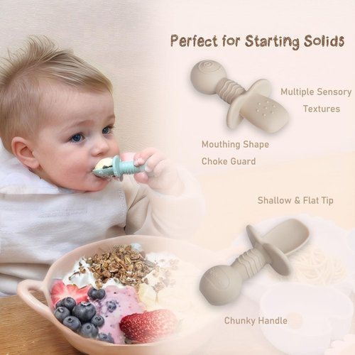 Ginbear Platinum Silicone Baby Spoons - Non-Toxic Self-Feeding Utensils for Infants | Pack of 4 (Hazy Green/Pink)