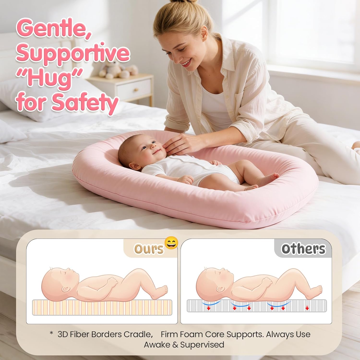 Skiennix Infant Support Cushion - Portable Baby Lounger & Tummy Time Mat, Soft Cotton, Waterproof, Pink