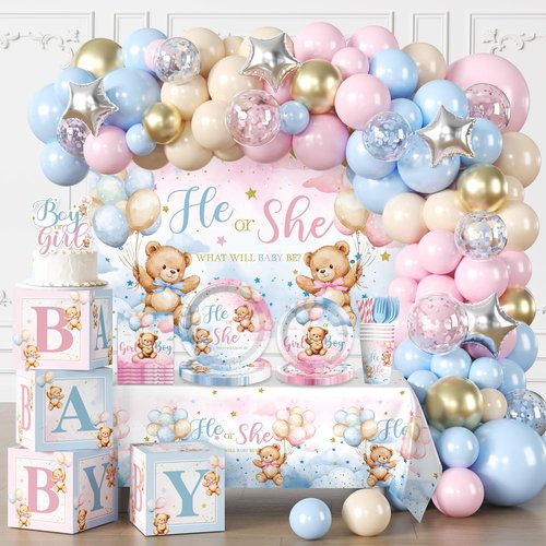 cocomigo 232pcs Bear Gender Reveal Decorations Complete Party Set, He or She Baby Gender Reveal Decorations, Boy or Girl Bear Theme Party Supplies, Serves 20 Guests