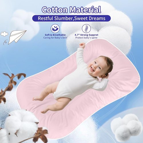 **Snuggle Cozy Baby Lounger | 100% Cotton Soft & Breathable Infant Play Mat | Pink for 0-24 Months**