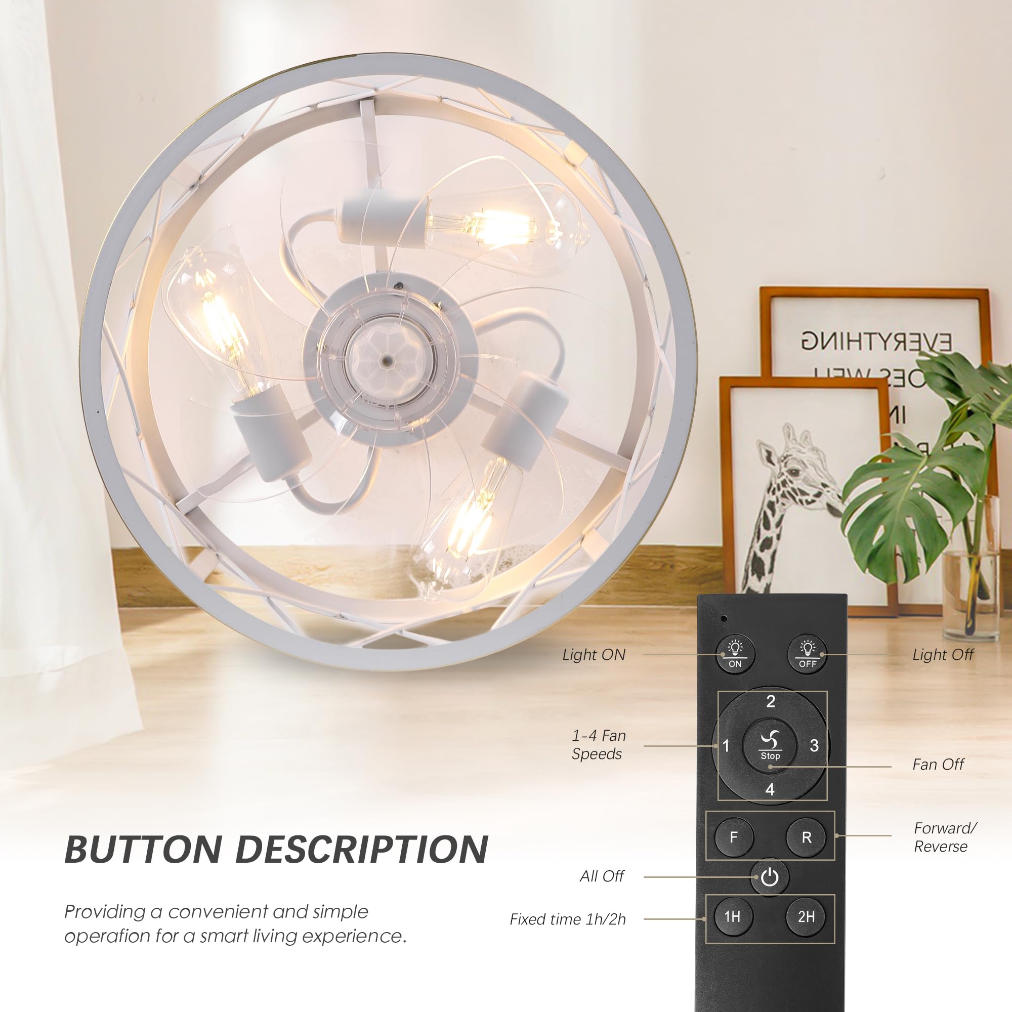 REDSTAR 15" Caged Ceiling Fans with Lights and Remote Flush Mount, White Round Industrial Ceiling Fan Light Fixture, Small Bladeless Ceiling Fan for Bedroom, Kitchen, Indoor