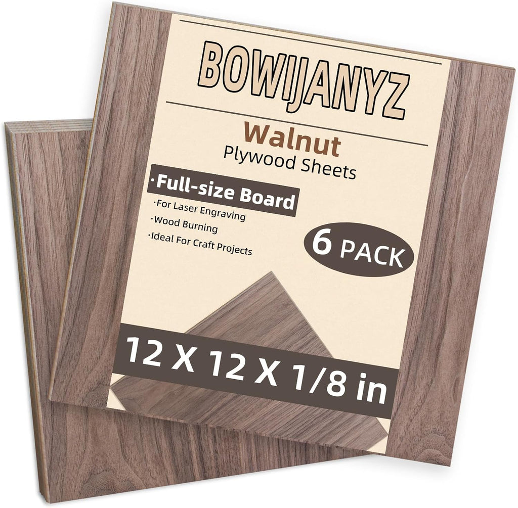 Walnut Plywood Sheets - 1/8 Inch Thick, 12x12 Inch | 6 Pack for Laser Cutting & DIY Crafts