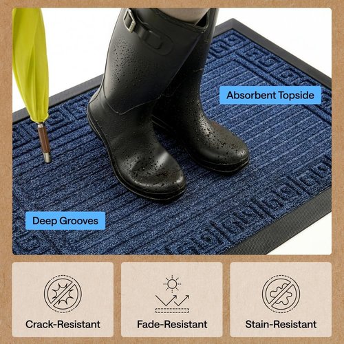 GORILLA GRIP Waterproof All-Season WeatherMAX Doormat - 35x23, Natural Rubber, Stain & Fade Resistant, Easy Clean, Navy Greek Keys