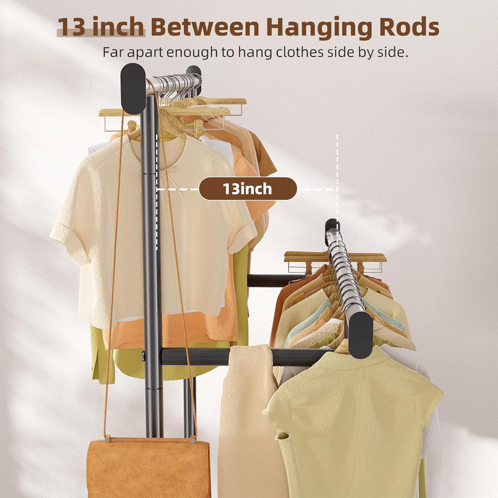Simple Trending Clothes Rack - Double Rod Metal Garment Rack with Rolling Wheels | Portable Wardrobe for Bedroom & Laundry - Black
