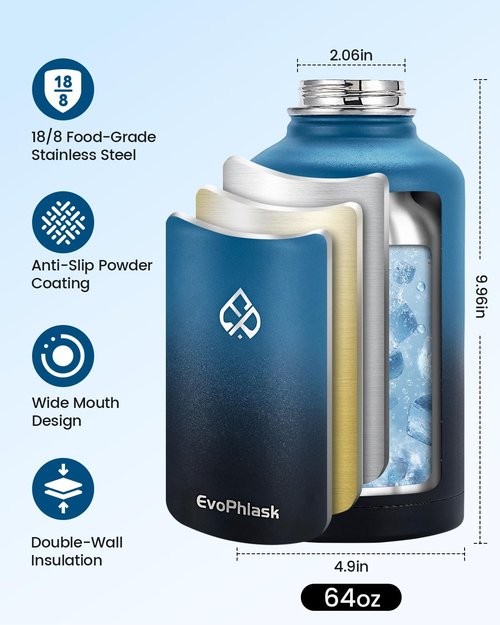 EvoPhlask Insulated Water Bottle 64 oz, Vacuum Stainless Steel Water Bottle Keep Cold 48Hrs, Half Gallon Large Water Jug for Travel, Sport, Gym, Hiking with Carrier Bag, Indigo/Black
