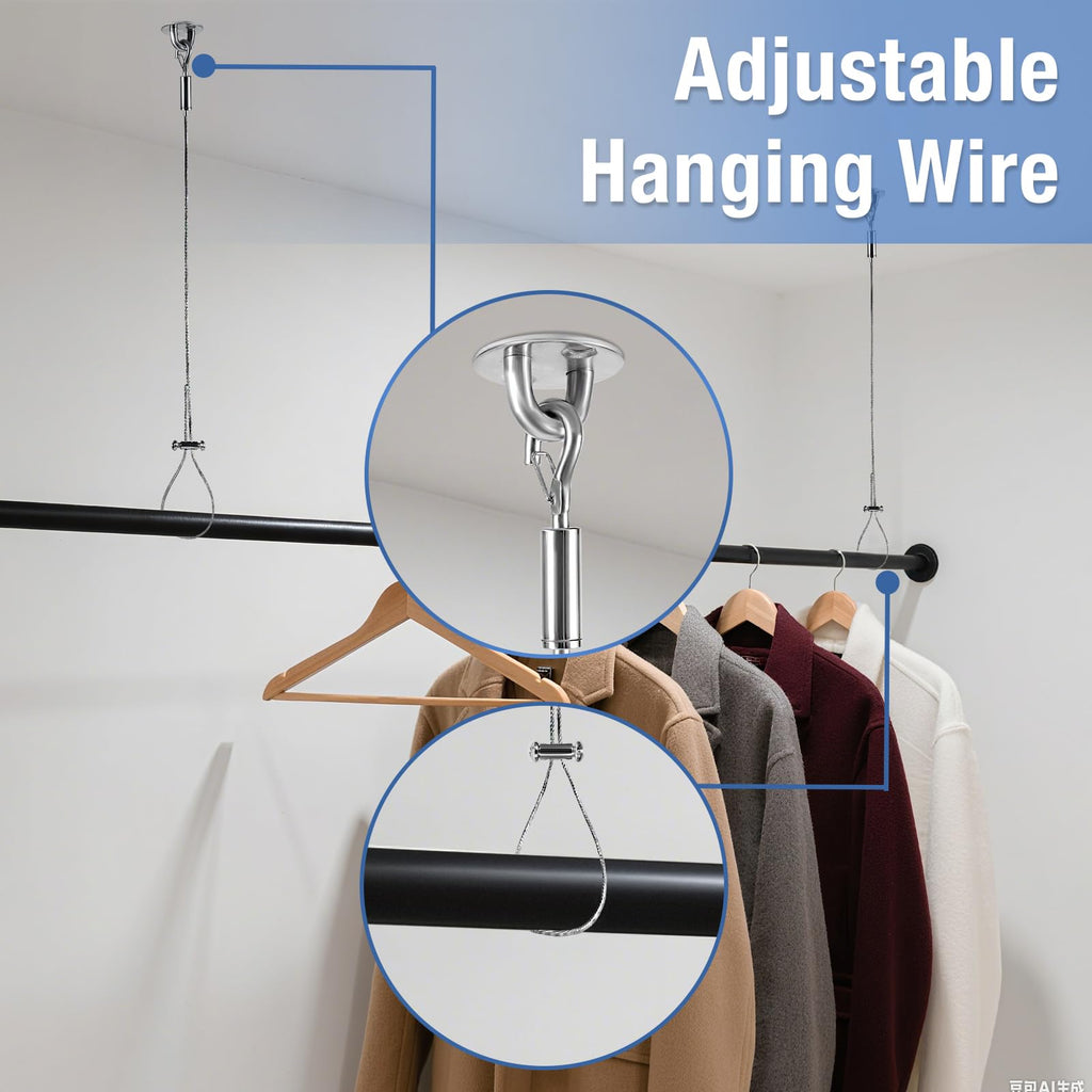 2 Packs Ceiling Support for Closet Rod, Prevents Sagging, 60'' Adjustable Closet Rod Support Bracket, Stainless Steel Ceiling Support Assembly, Heavy Duty Wardrobe Pipe Bracket Rod Holder