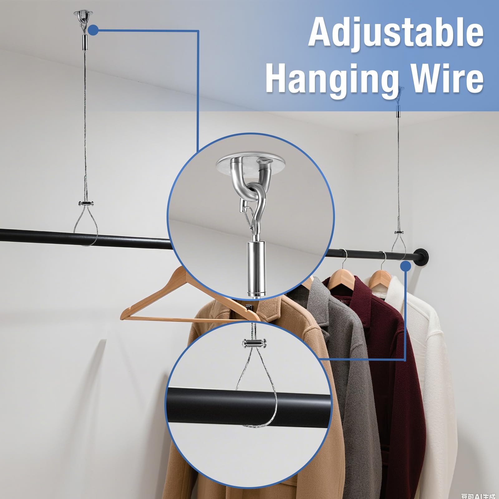 2 Packs Ceiling Support for Closet Rod, Prevents Sagging, 60'' Adjustable Closet Rod Support Bracket, Stainless Steel Ceiling Support Assembly, Heavy Duty Wardrobe Pipe Bracket Rod Holder