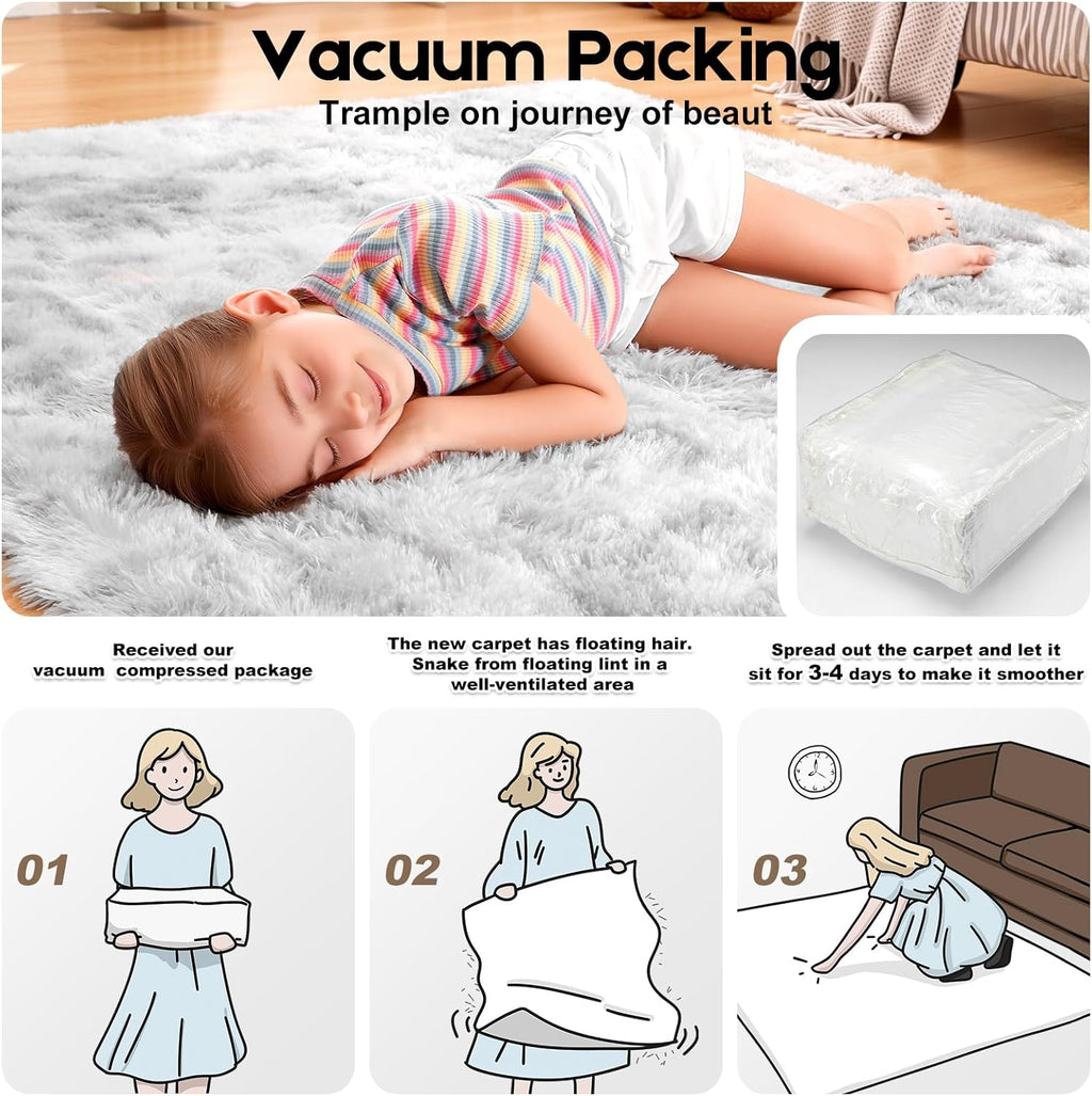Skiennix Tie-Dyed Grey Area Rug - Soft Fluffy Shag Carpet for Kids' Rooms | 2ft x 3ft with Non-Slip Stickers