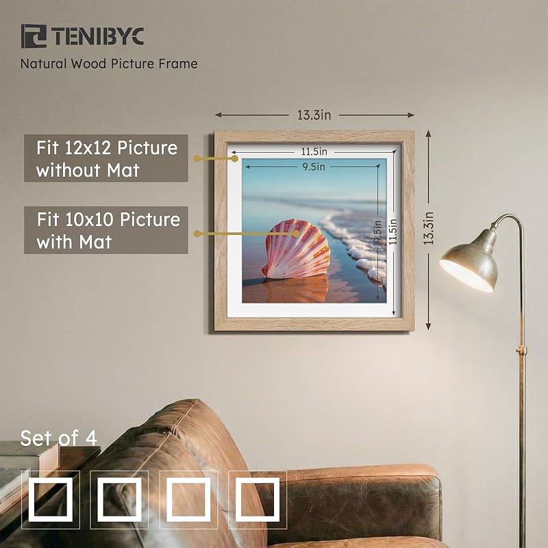 12x12 Picture Frame 4 Pack - Natural Wood, 10x10 Mat, Glass - TENIBYC Variation: Natural 4 Pack 12 X 12
