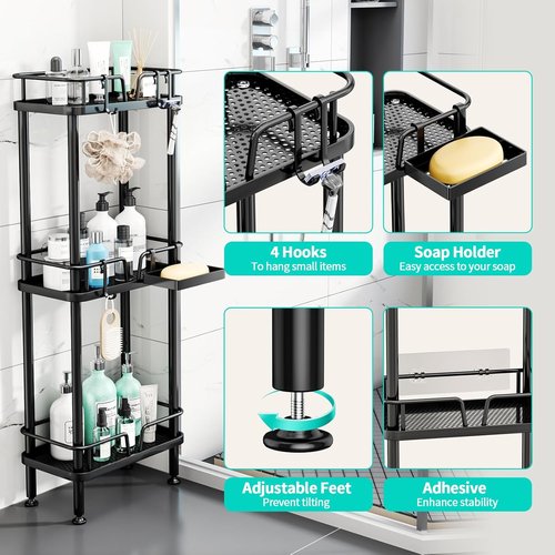 HapiRm Corner Shower Caddy - 3-Tier Rustproof Stainless Steel Organizer with Soap Holder & 4 Hooks | Black