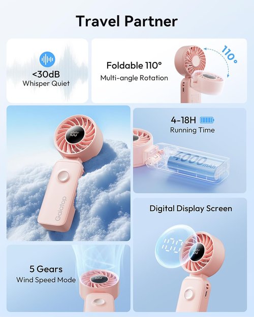 Gaiatop Portable Handheld Fan - 5-Speed Rechargeable Battery with 18-Hour Runtime | 3-in-1 Neck, Desk & Hand Fan - Pink
