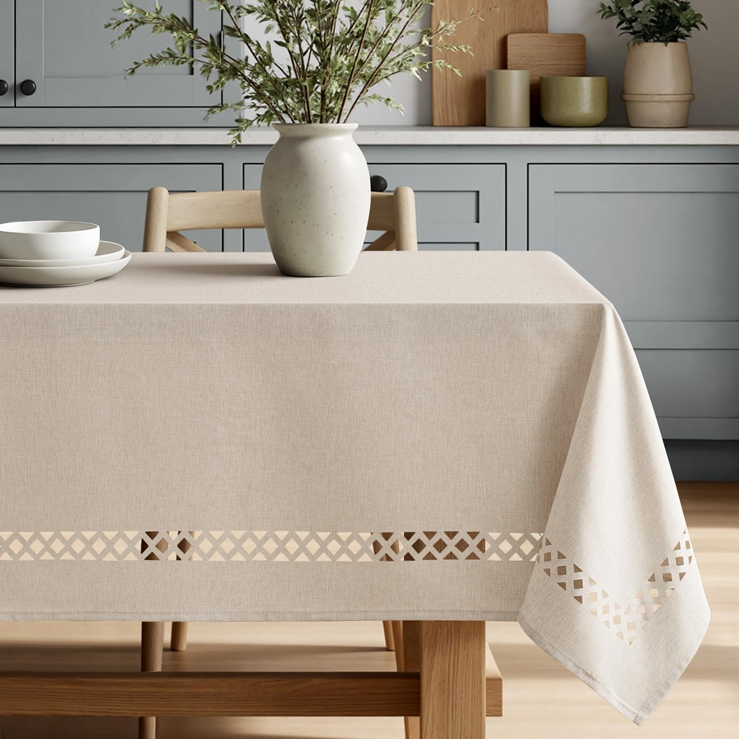 MIULEE Beige Rectangle Polyester Tablecloth with Decorative Cutouts Spring Waterproof Stain Resistant & Shrink-Proof Table Cloth 60x84 inch Farmhouse Style for Dining Wedding and Outdoor