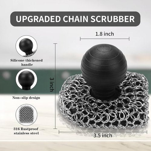 Cast Iron Cleaner - Upgraded 316 Chainmail Scrubber & Pan Scraper | Essential Cleaning Kit for Grill, Skillet & Dutch Oven