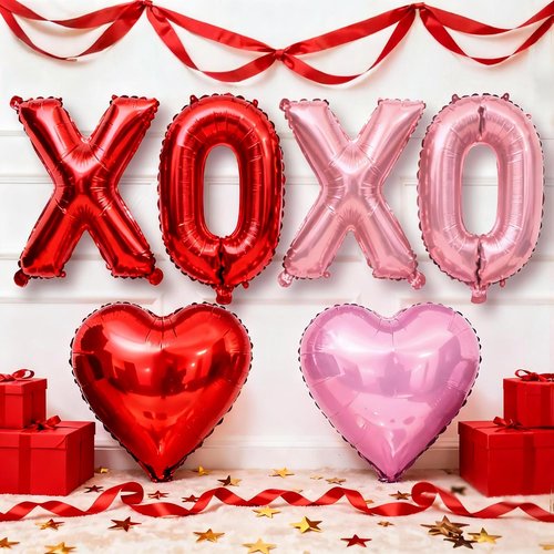Froova Red XOXO Heart Balloons 6 Pcs Valentines Day Balloons Red Pink Gold Heart Shaped Balloon XOXO Balloon Letters for Girls Women Anniversary Sweet Valentine Day Romantic Decor Special Night Party