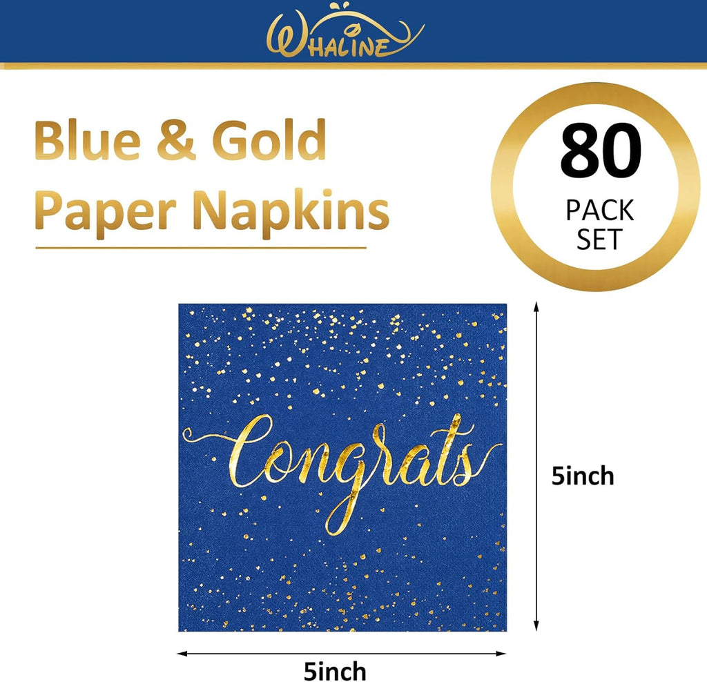 Whaline Graduation Cocktail Napkins - 80 Pack Blue & Gold Foil Congrats Design | Disposable Party Decor